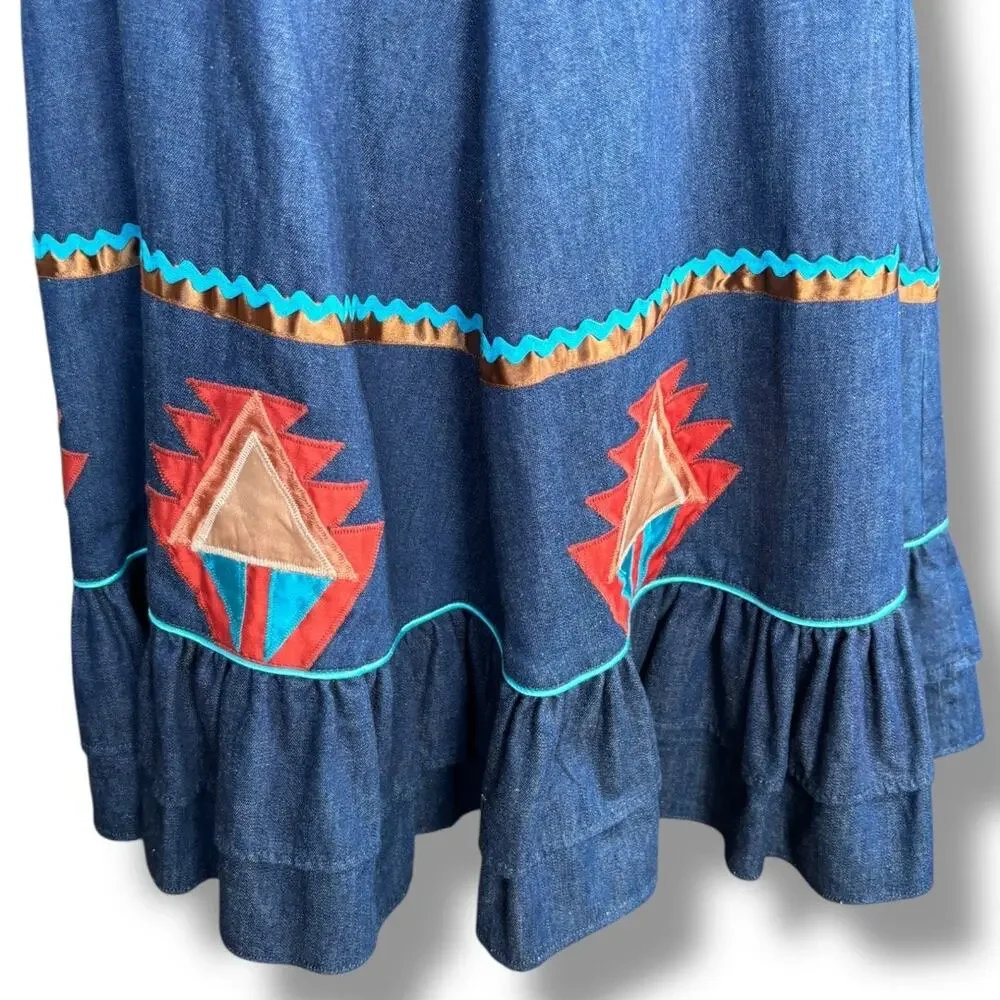 Vintage Handmade Southwest Denim Skirt Tiered Ruffle Hem‎ Abstract Art Appliqué